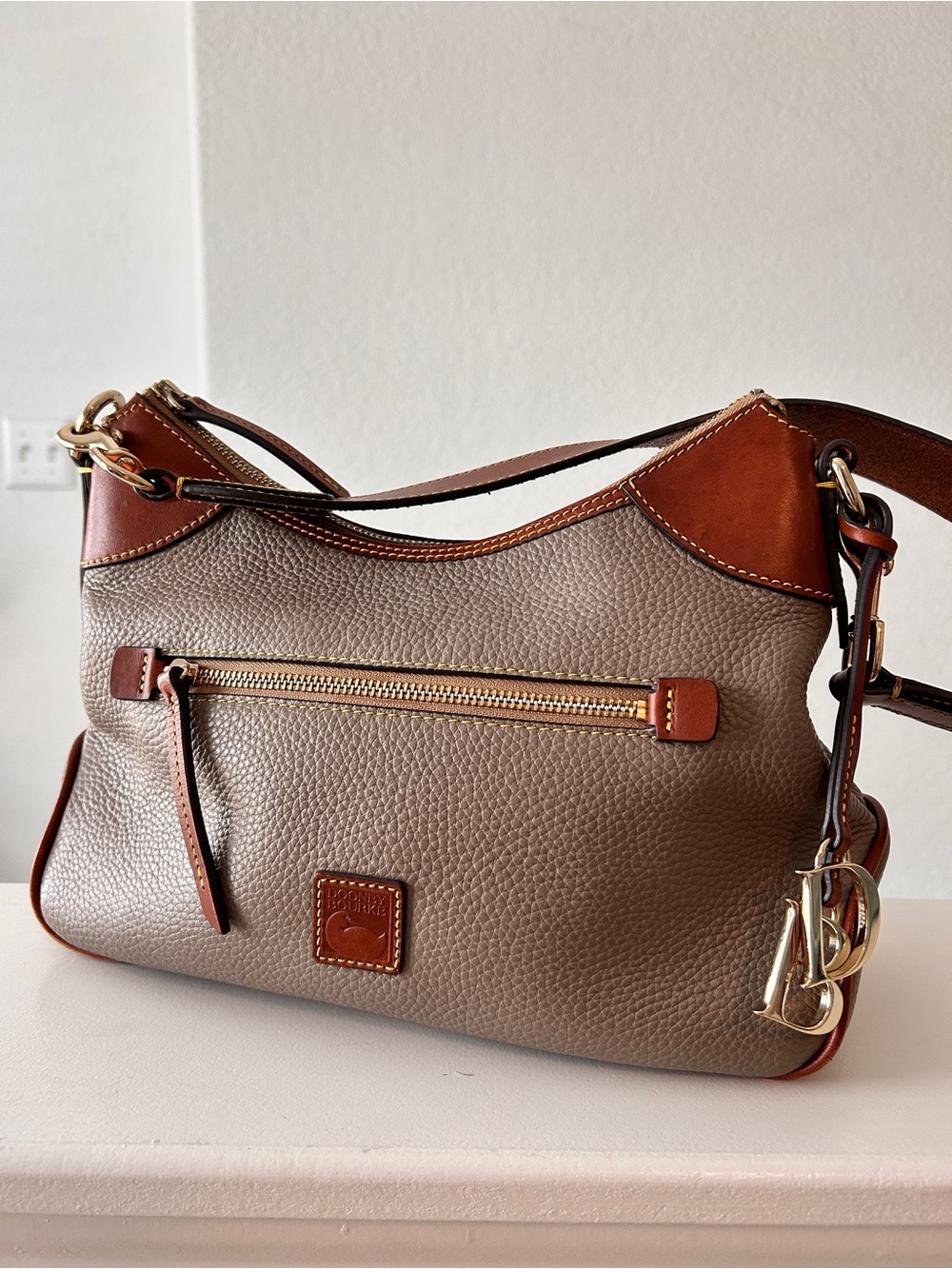 Dooney & Bourke Gray Pebble Leather Shoulder Bag with Brown Trim